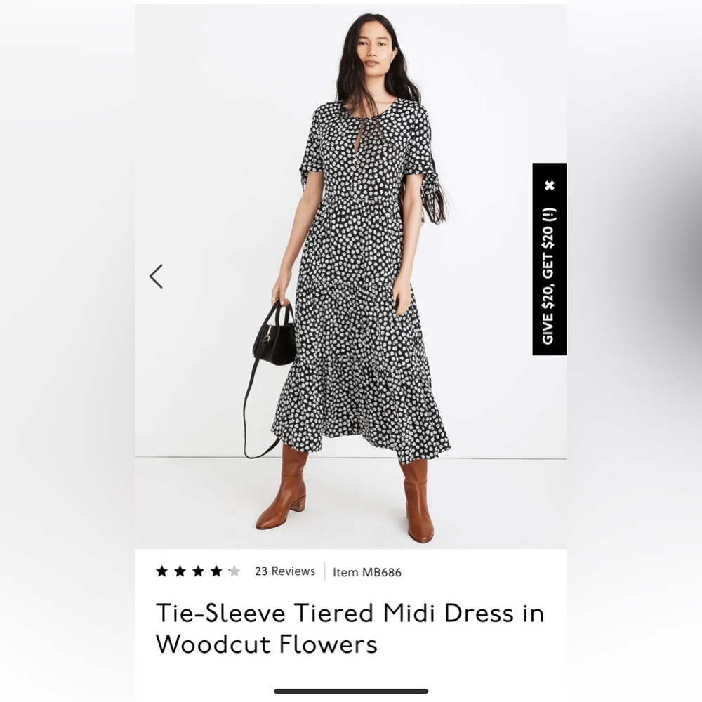 Madewell Tie-Sleeve Tiered Midi Dress in Woodcut Flowers - size S